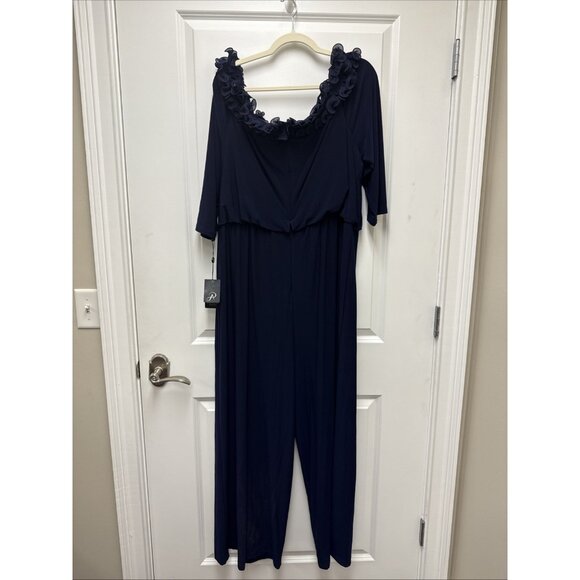 Adrianna Papell Plus Size 22W Navy Blue Off Shoulder Jersey Jumpsuit Rosette NWT - Picture 7 of 11